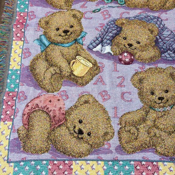 VTG Baby Teddy Bear Nursery Tapestry Throw Blanket Red Calliope 35”x47” Pastel - Picture 3 of 7